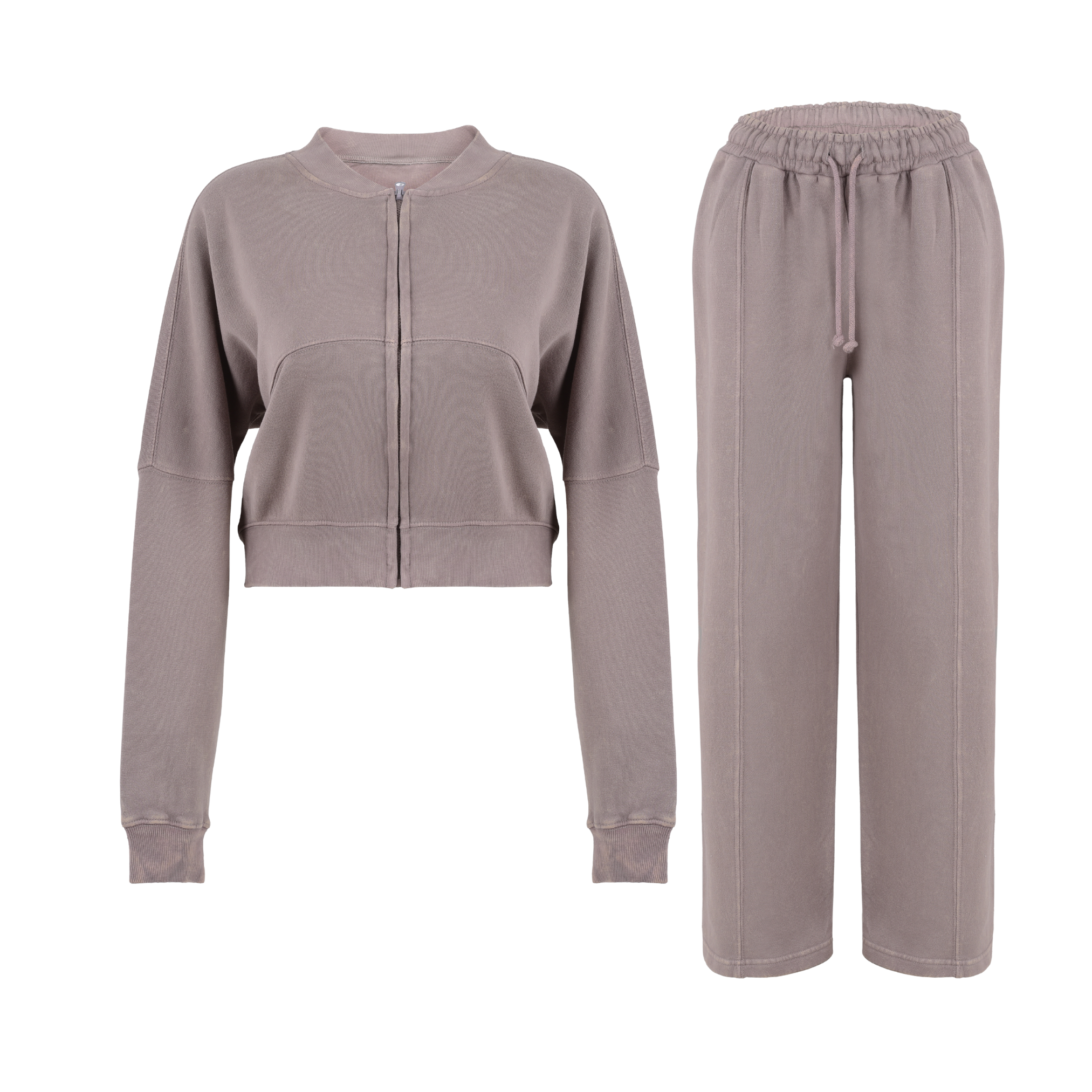 Women Acid Wash Crop Top Zip Tracksuit Straight Leg Joggers - Stylish Female Jacket