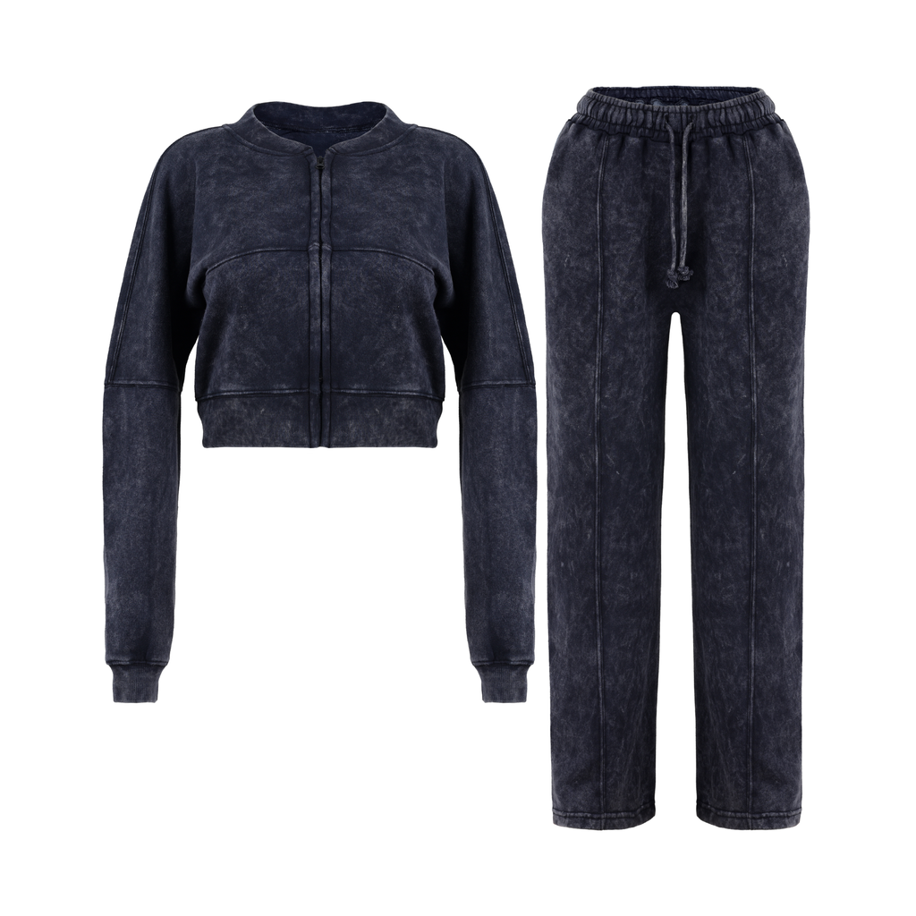 Women Acid Wash Crop Top Zip Tracksuit Straight Leg Joggers - Stylish Female Jacket