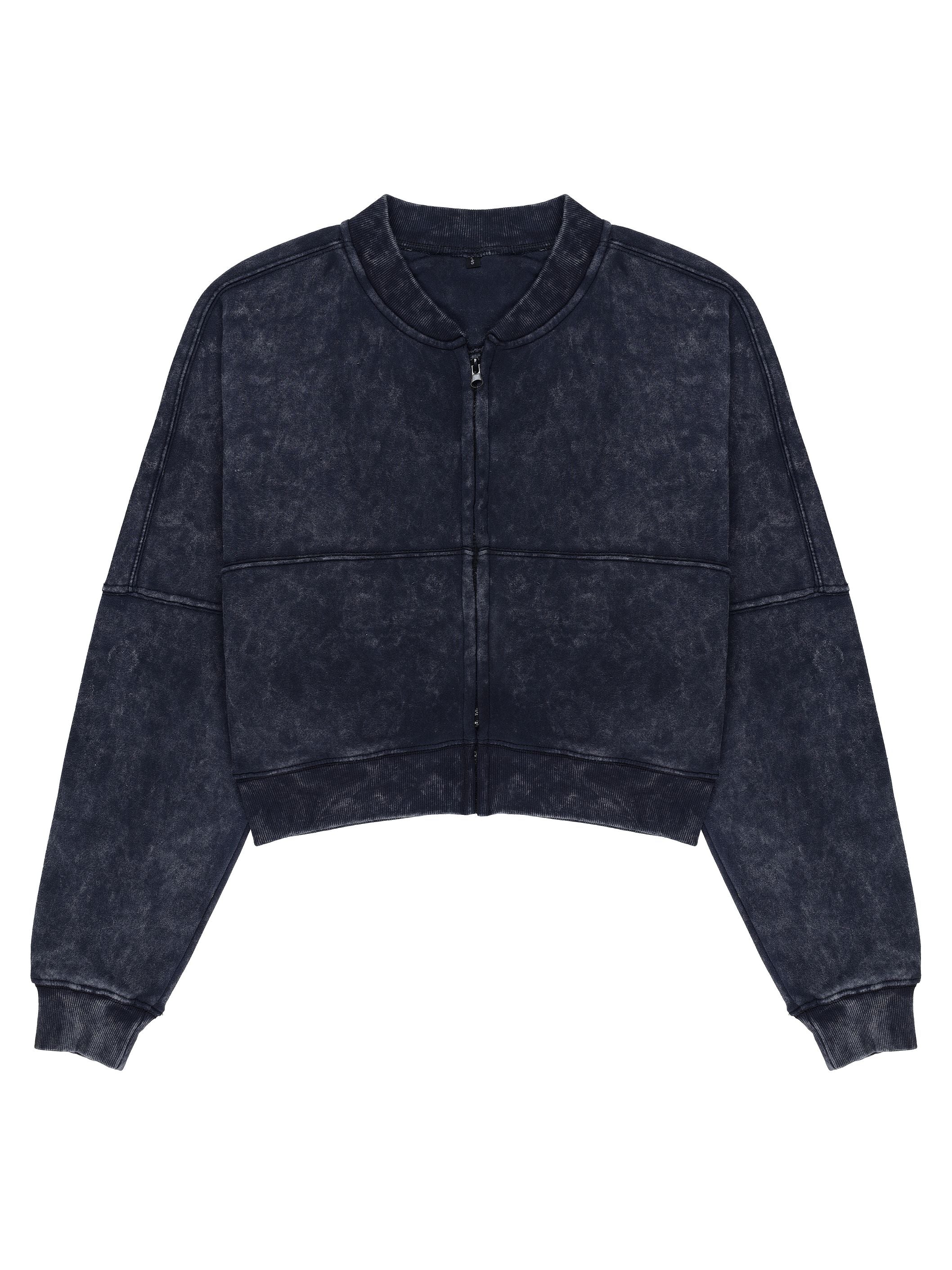 Women Acid Wash Crop Top Zip Tracksuit Straight Leg Joggers - Stylish Female Jacket